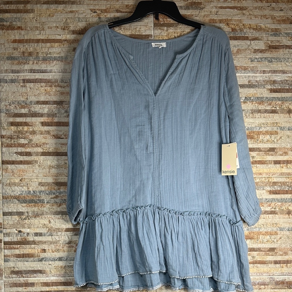 Kensie Blue Ruffle Hem Blouse